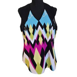 Renee C. Womens Geometric Print V-neck Sleeveless Tank Blouse Multicolor Large